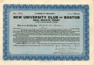 New University Club of Boston - Stock Certificate