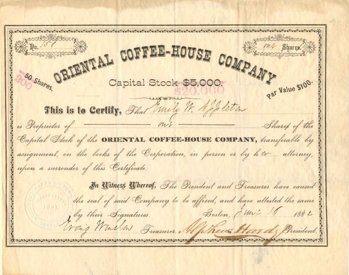 Oriental Coffee-House Co. - 1882 Boston, Massachusetts Stock Certificate - Coffeehouse