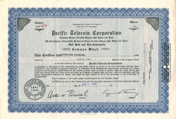 Pacific Telecoin Corporation - Stock Certificate