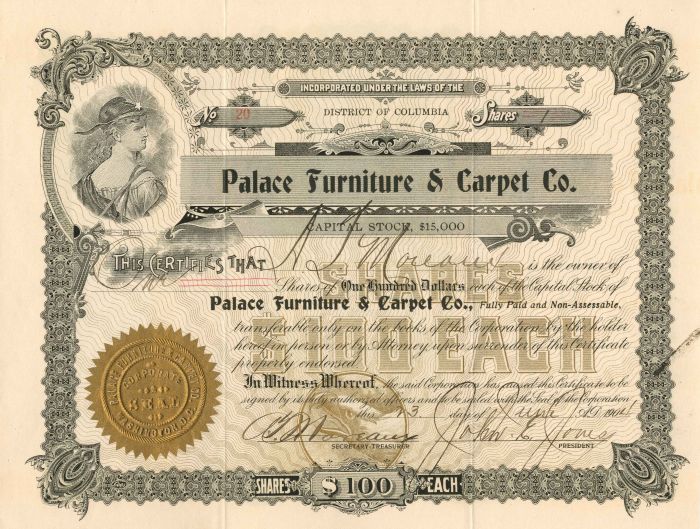 Palace Furniture and Carpet Co. - Stock Certificate