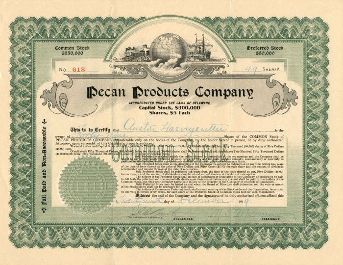 Pecan Products Co. - Stock Certificate