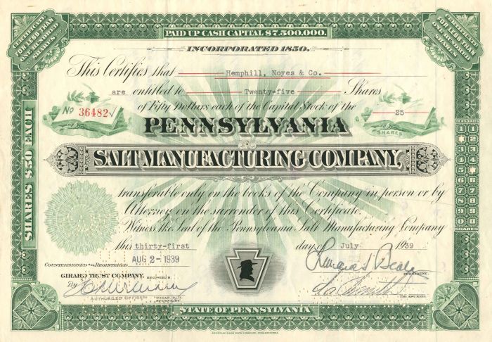 Pennsylvania Salt Manufacturing Co. - Stock Certificate