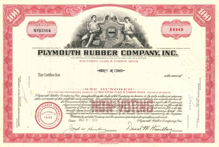 Plymouth Rubber Co., Inc. - Stock Certificate