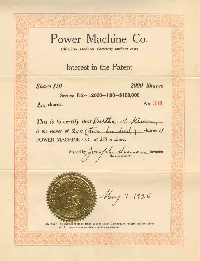 Power Machine Co. - Stock Certificate