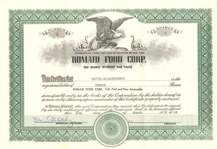 Romaid Food Corp. - Stock Certificate