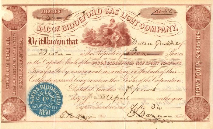 Saco and Biddeford Gas Light Co. - 1856 dated Maine Stock Certificate