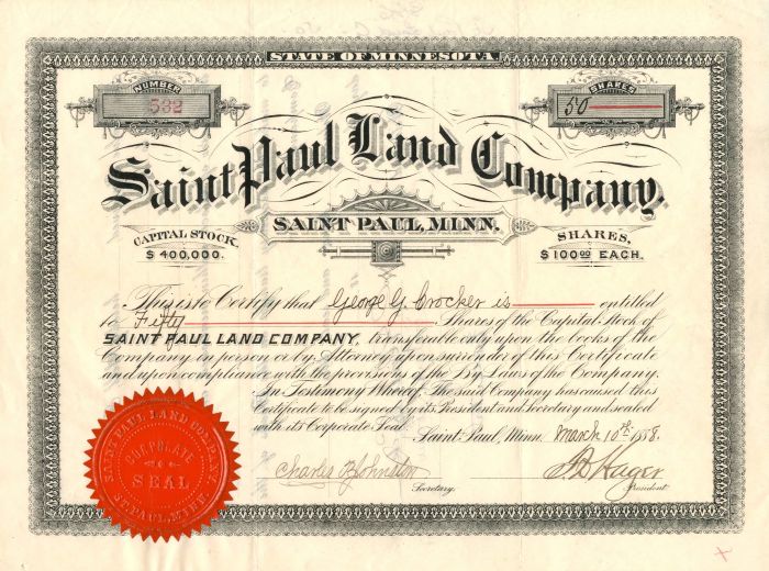 Saint Paul Land Co. - Stock Certificate (Uncanceled)