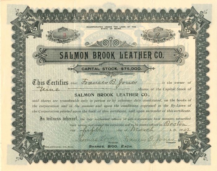 Salmon Brook Leather Co. - Stock Certificate