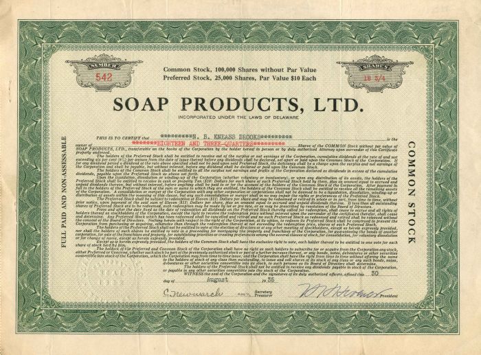 Soap Products, Ltd. - Stock Certificate
