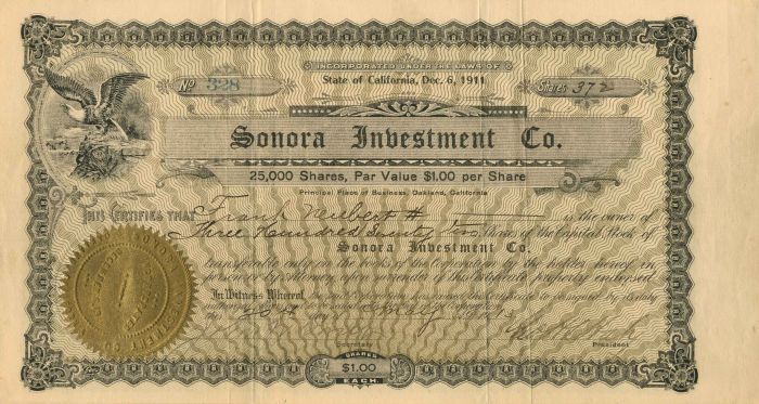 Sonora Investment Co. - Stock Certificate