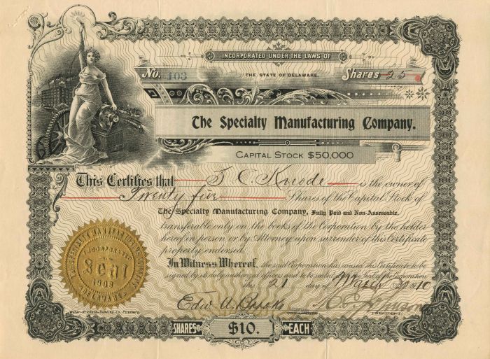 Specialty Manufacturing Co. - Stock Certificate