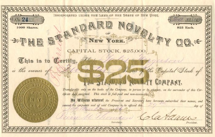 Standard Novelty Co. of New York - Stock Certificate