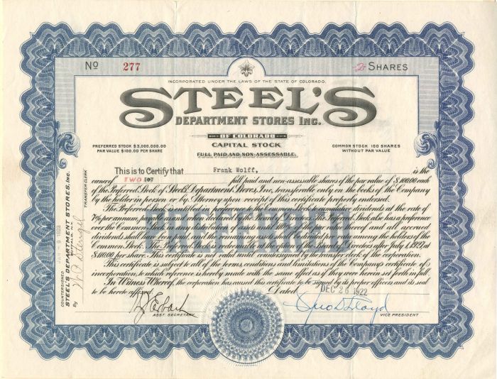 Steel's Department Stores Inc. - Stock Certificate