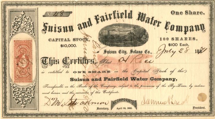 Suisun and Fairfield Water Co. - Stock Certificate