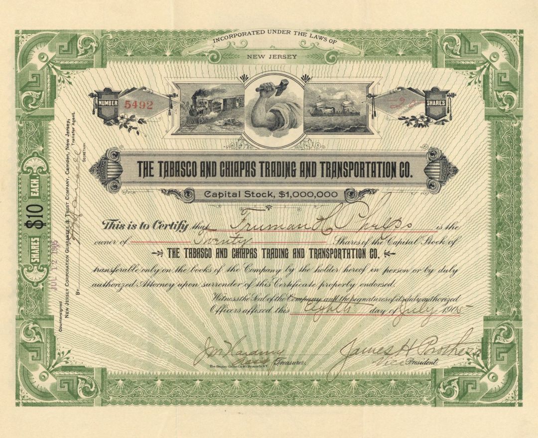 Tabasco & Chiapas Trading & Transportation Co. - Mexican Stock Certificate