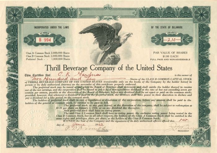 Thrill Beverage Co. of the United States - Stock Certificate