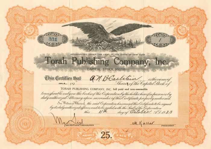 Torah Publishing Co., Inc. - Stock Certificate