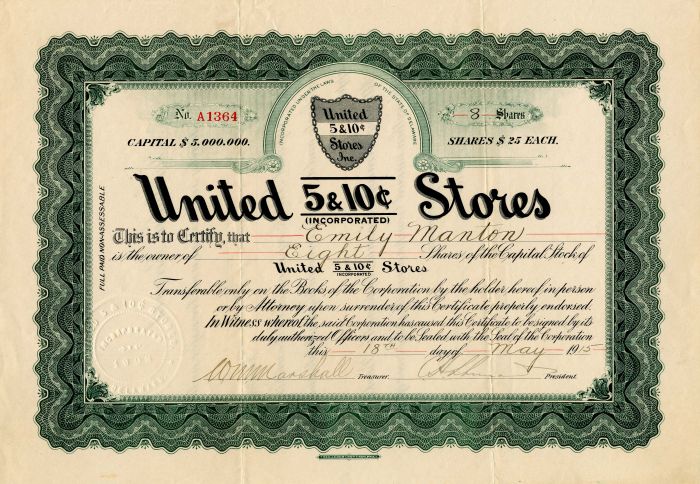 United 5and10¢ Stores - Stock Certificate