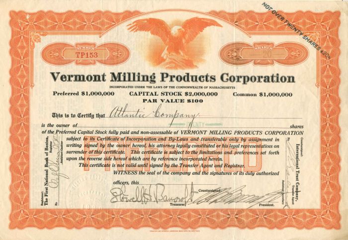 Vermont Milling Products Corp. - Stock Certificate
