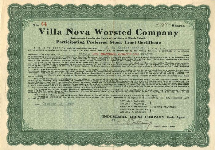 Villa Nova Worsted Co. - Stock Certificate