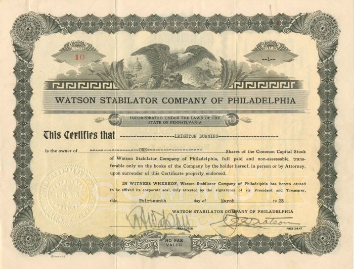 Watson Stabilator Co. of Philadelphia - Stock Certificate