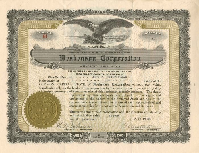 Weskenson Corporation - Stock Certificate