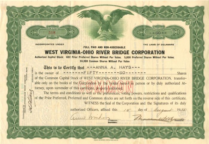 West Virginia-Ohio River Bridge Corporation - Stock Certificate