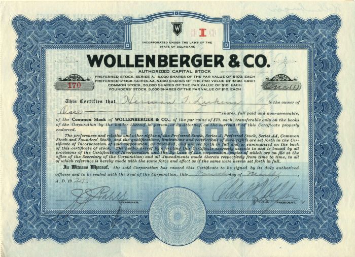 Wollenberger and Co. - Stock Certificate