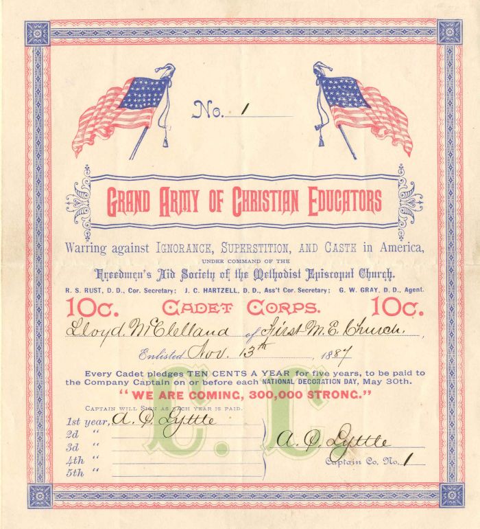 Grand Army of Christian Educators - Certificate #1
