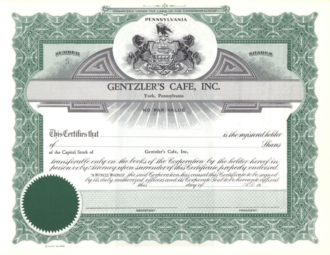 Gentzler's Cafe, Inc. - York, Pennsylvania Stock Certificate