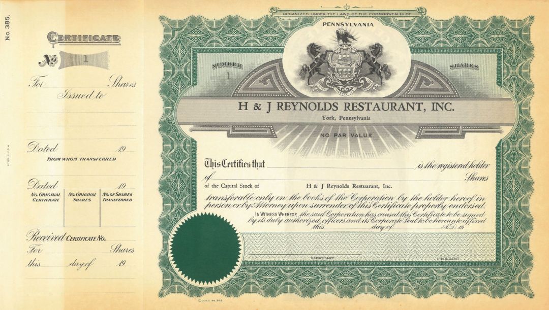 H and J Reynolds Restaurant, Inc. - Certificate Serial No.1 - Stock Certificate