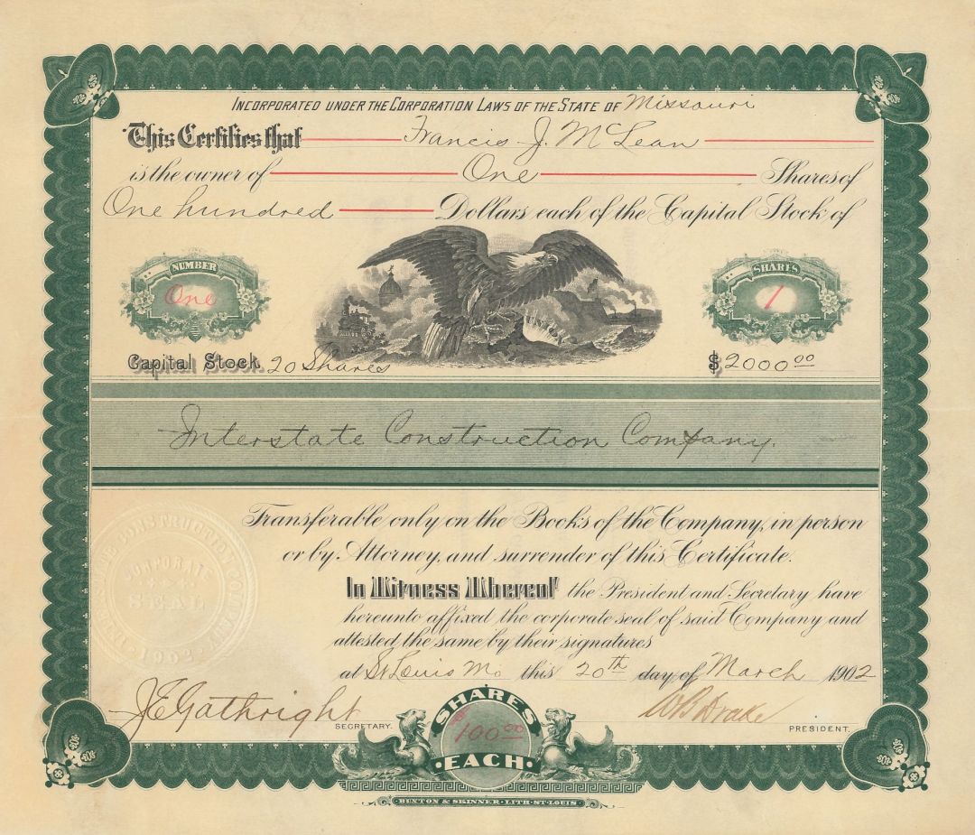 Interstate Construction Co. - Certificate Serial No.1 - Stock Certificate