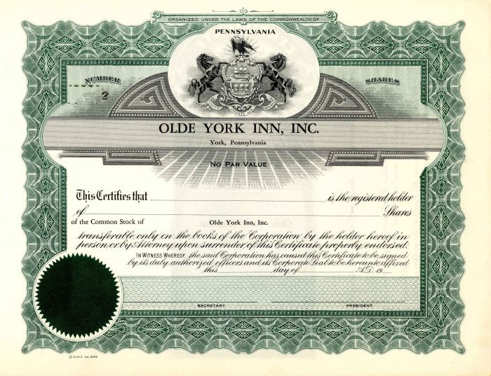 Olde York Inn, Inc. - Stock Certificate