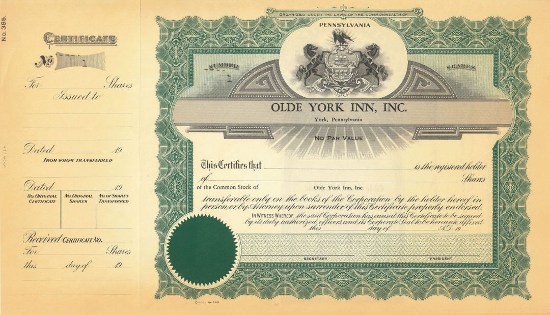 Olde York Inn, Inc. - Certificate Serial No.1 - Stock Certificate