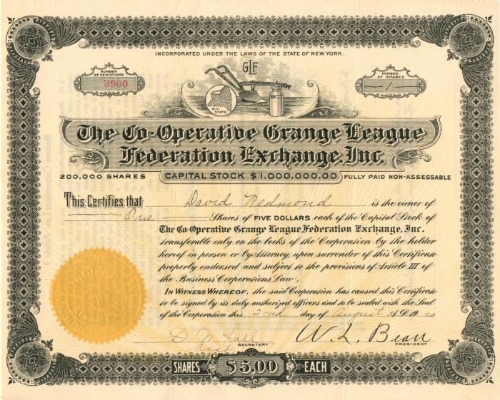 Co-Operative Grange League Federation Exchange, Inc. - Stock Certificate