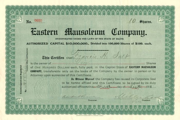 Eastern Mausoleum Co. - Stock Certificate