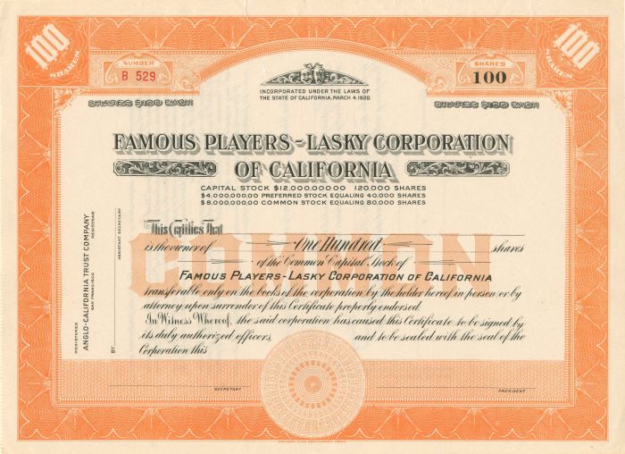 Famous Players - Lasky Corporation of California - 1920's-30's circa Stock Certificate