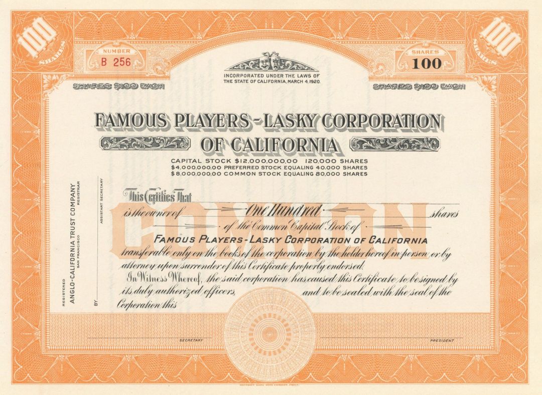 Famous Players - Lasky Corporation of California - 1920's-30's circa Stock Certificate