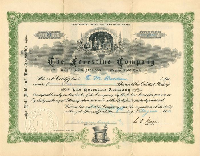 Forestine Co. - 1910 dated Stock Certificate