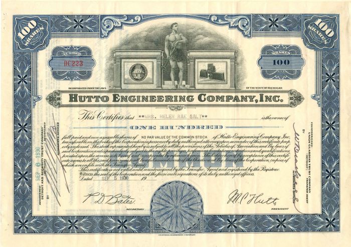 Hutto Engineering Co., Inc. - Stock Certificate