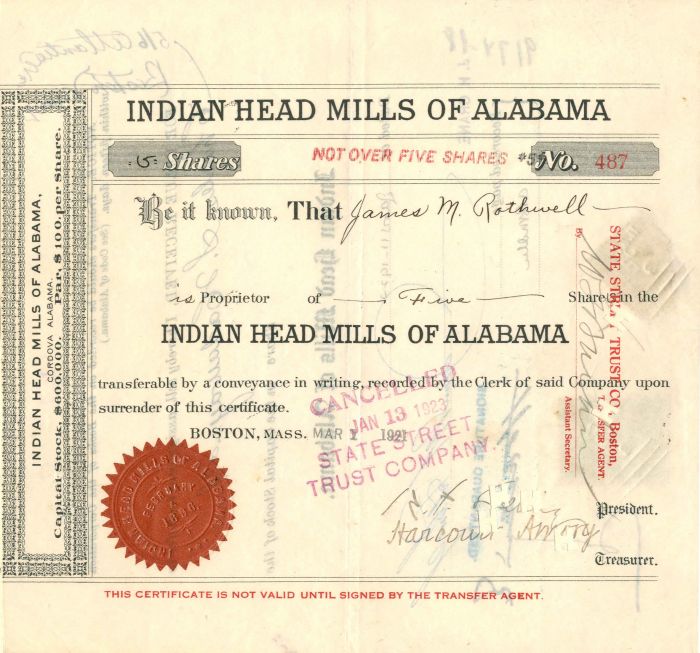 Indian Head Mills of Alabama - Stock Certificate