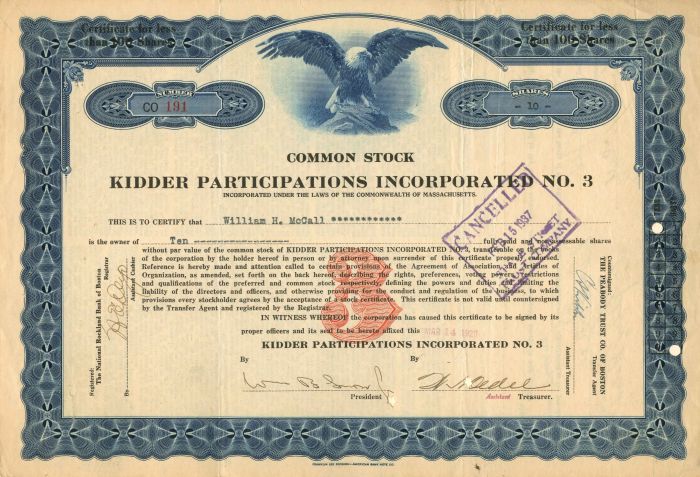 Kidder Participations Incorporated No. 3 - 1928 dated Stock Certificate - Relation to Kidder-Peabody & Co.