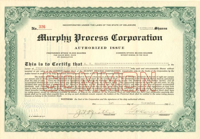 Murphy Process Corporation - Stock Certificate