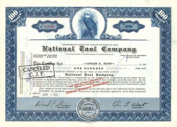 National Tool Co. - Stock Certificate