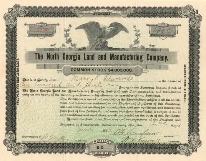 North Georgia Land and Manufacturing Co. - Stock Certificate