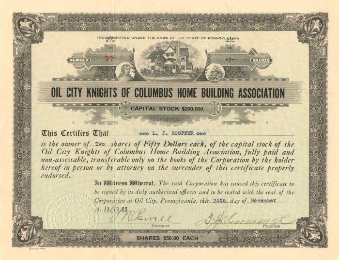 Oil City Knights of Columbus Home Building Association - Stock Certificate