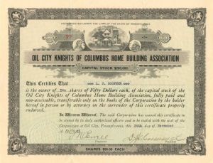 Oil City Knights of Columbus Home Building Association - Stock Certificate