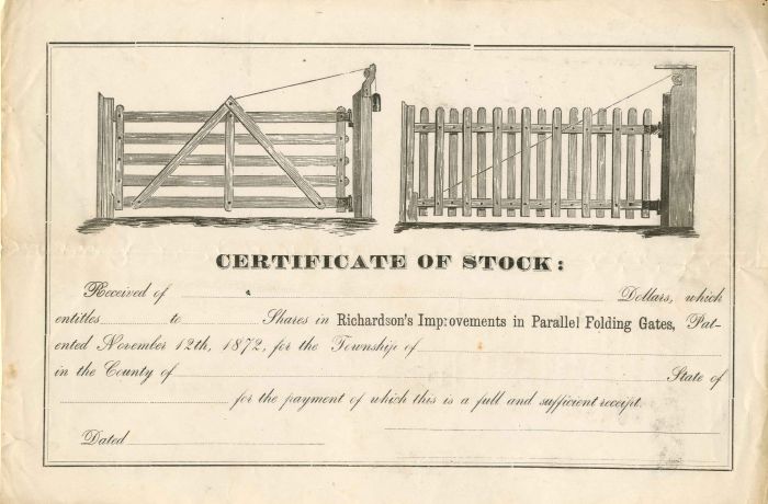 Richardson's Improvements in Parallel Folding Gates - Stock Certificate