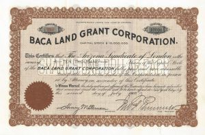 Baca Land Grant Corporation - dated 1902 Arizona Mortgage Co. Stock Certificate