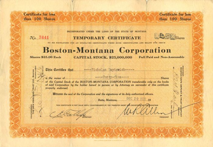 Boston-Montana Corporation - Stock Certificate
